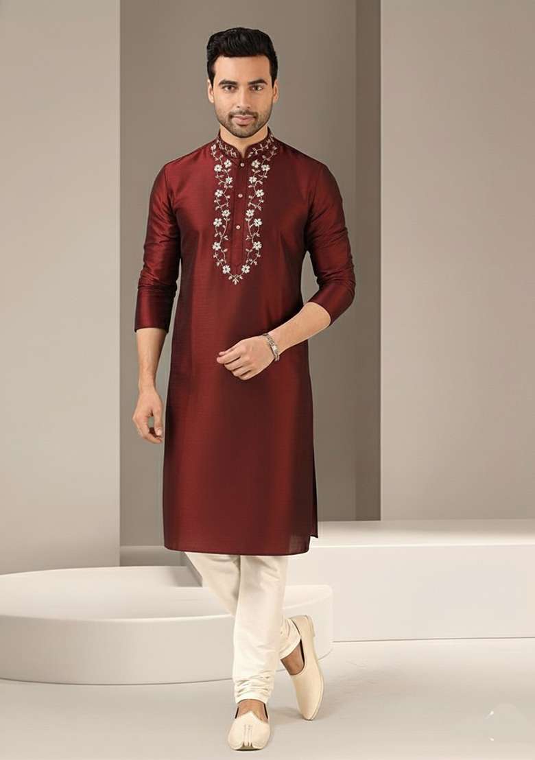 Maroon Embroidery Dupion Silk Blend Kurta Set For Men - Indya