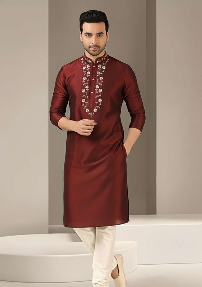 Maroon Embroidery Dupion Silk Blend Kurta Set For Men - Indya
