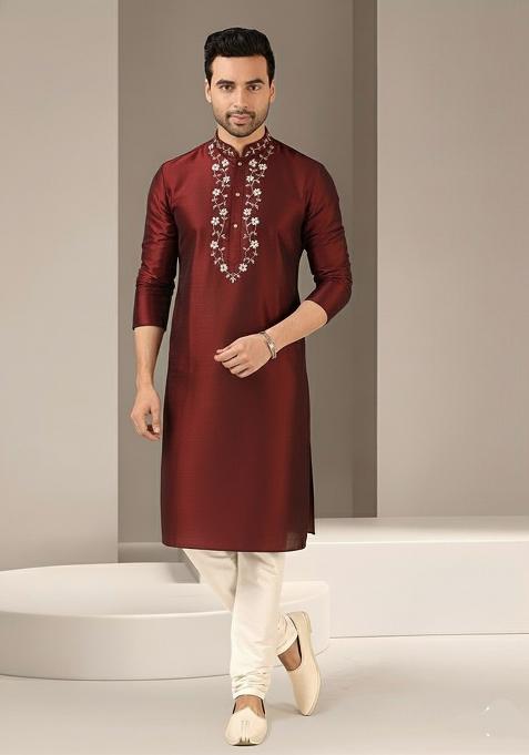 Maroon Embroidery Dupion Silk Kurta Set For Men