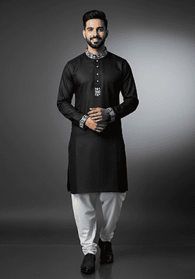Black Embroidery Cotton Kurta Set For Men