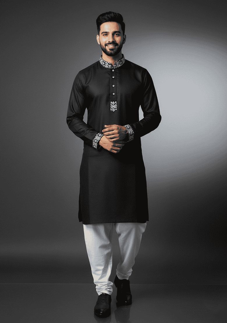 Black Embroidery Cotton Kurta Set For Men - Indya