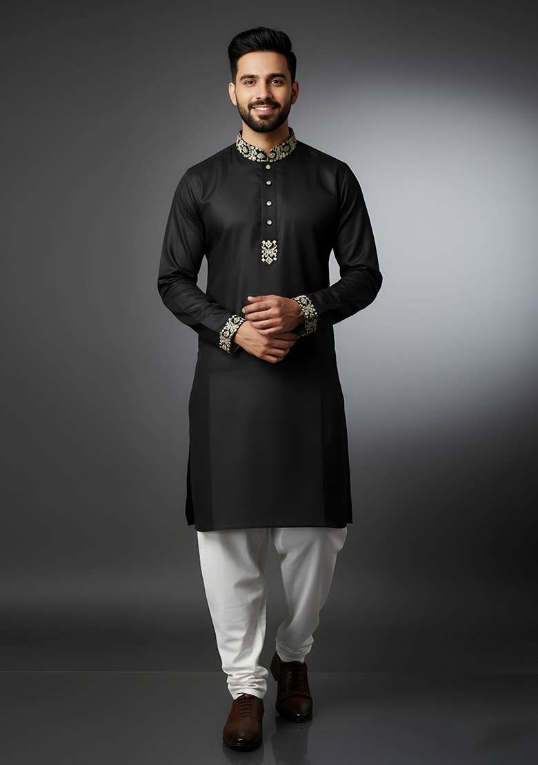 Black Embroidery Cotton Kurta Set For Men - Indya