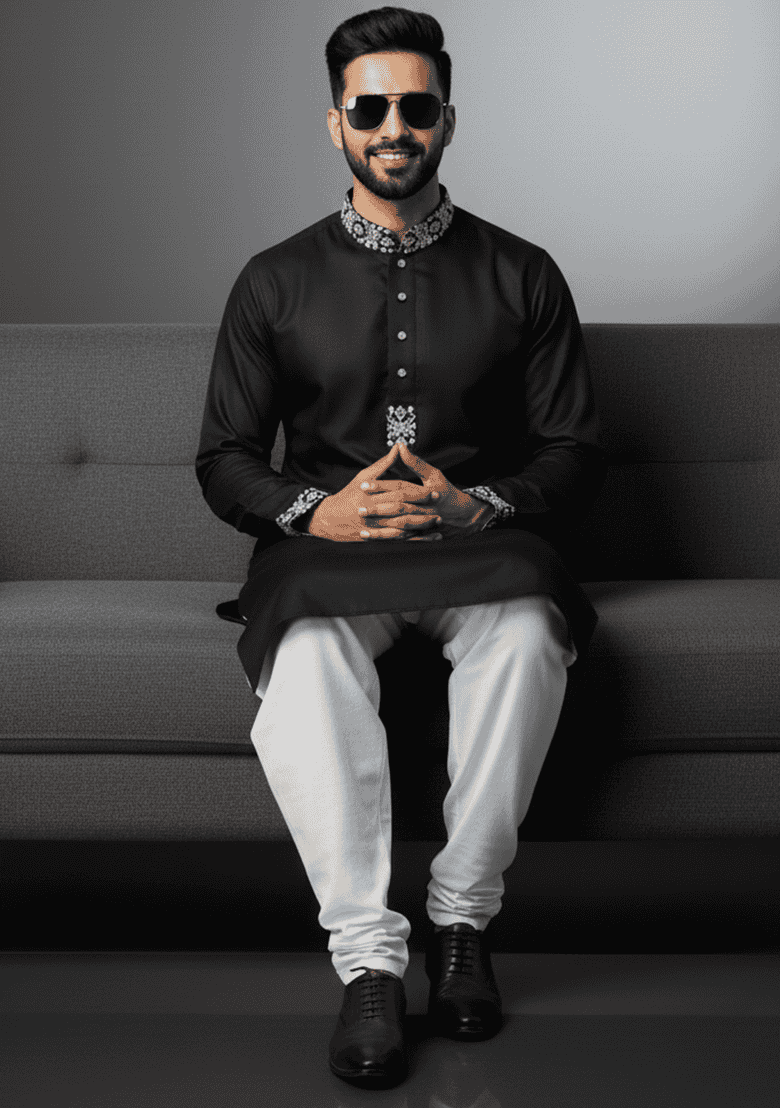 Black Embroidery Cotton Kurta Set For Men - Indya