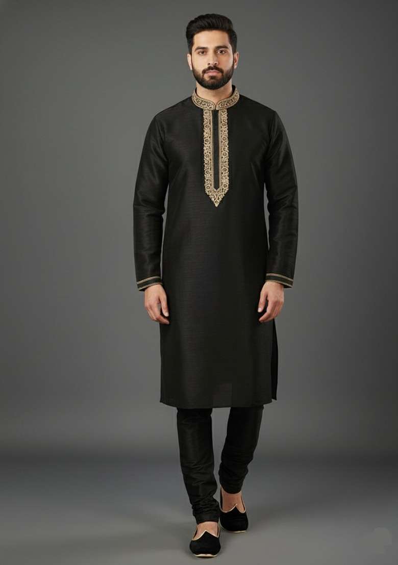 Black Embroidery Dupion Silk Blend Kurta Set For Men - Indya