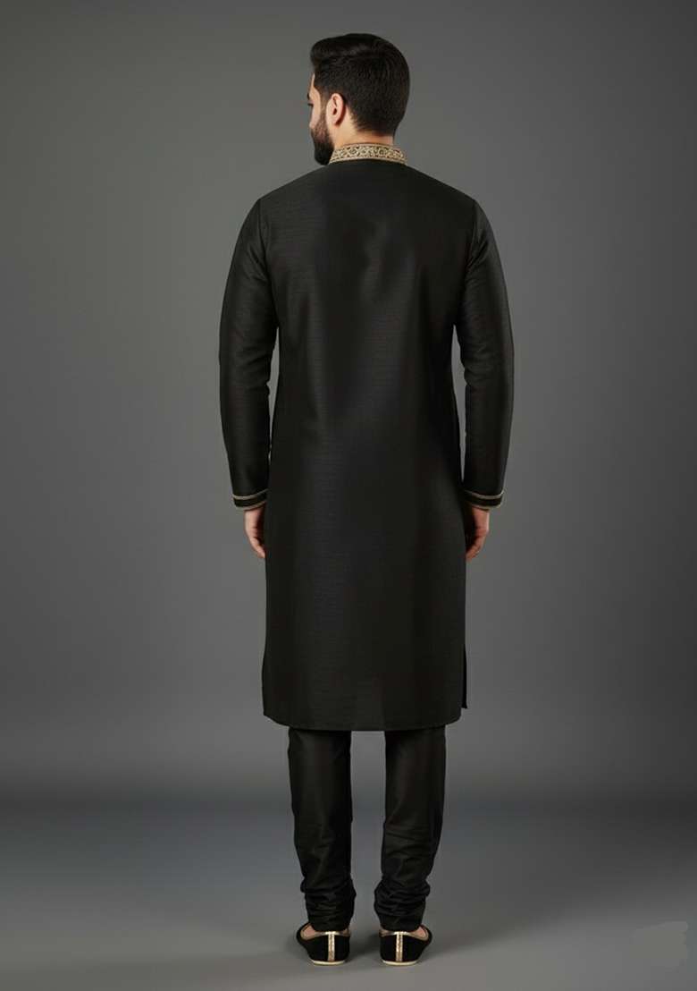 Black Embroidery Dupion Silk Blend Kurta Set For Men - Indya