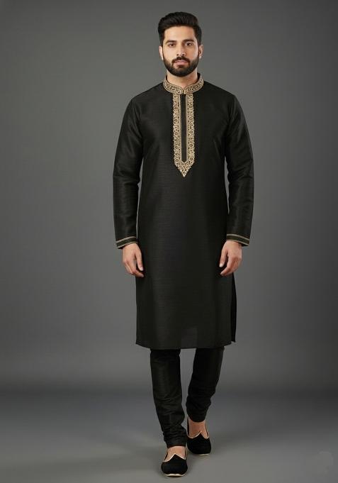 Black Embroidery Dupion Silk Kurta Set For Men