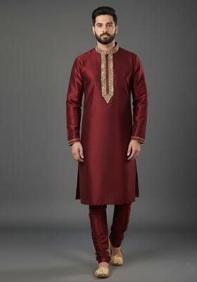 Maroon Embroidery Dupion Silk Kurta Set For Men