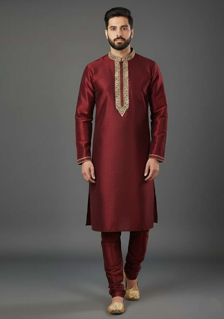 Maroon Embroidery Dupion Silk Blend Kurta Set For Men - Indya
