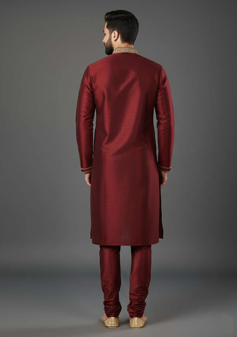 Maroon Embroidery Dupion Silk Blend Kurta Set For Men - Indya
