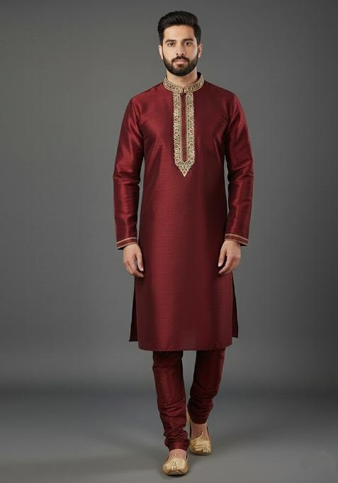 Maroon Embroidery Dupion Silk Kurta Set For Men