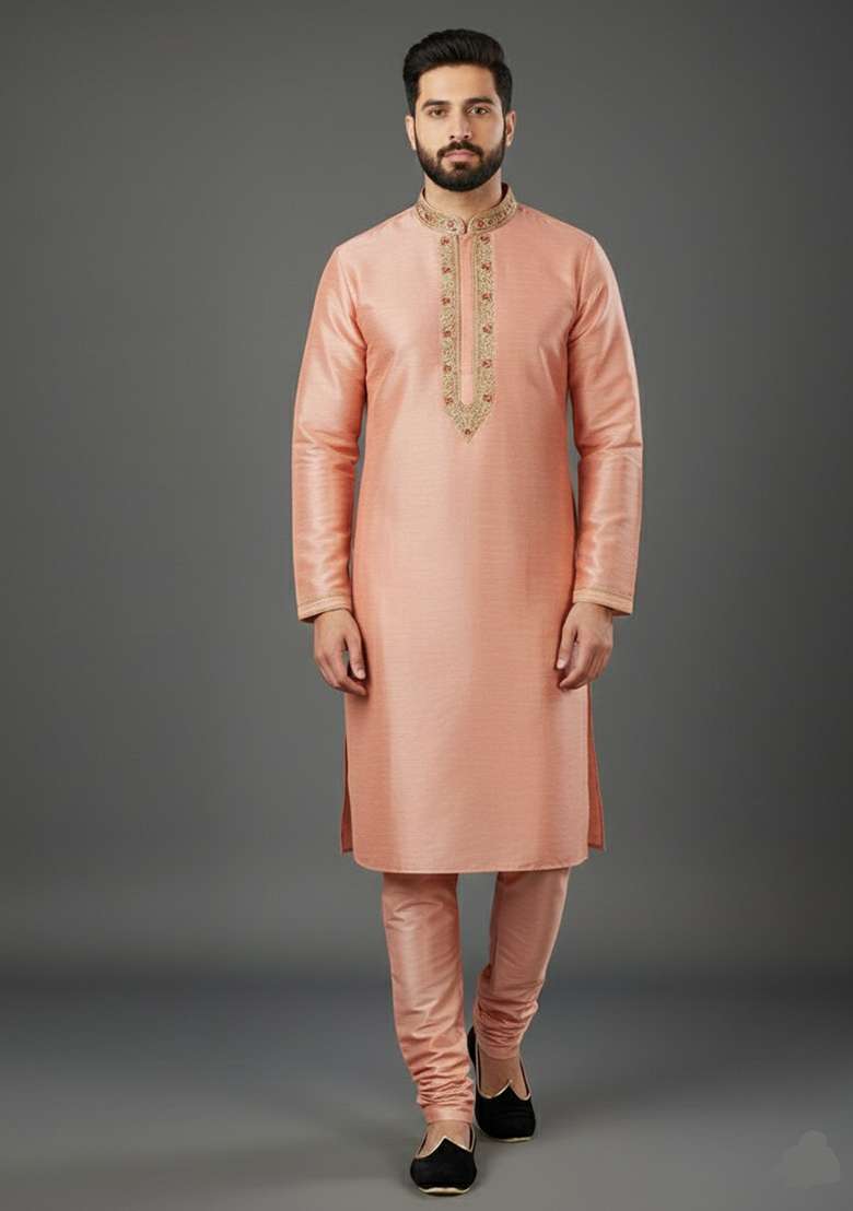Peach Embroidery Dupion Silk Blend Kurta Set For Men - Indya