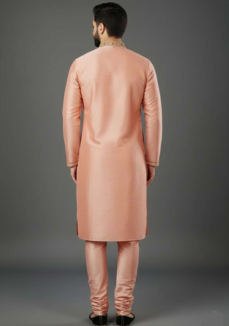 Peach Embroidery Dupion Silk Blend Kurta Set For Men - Indya
