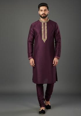 Purple Embroidery Dupion Silk Kurta Set For Men