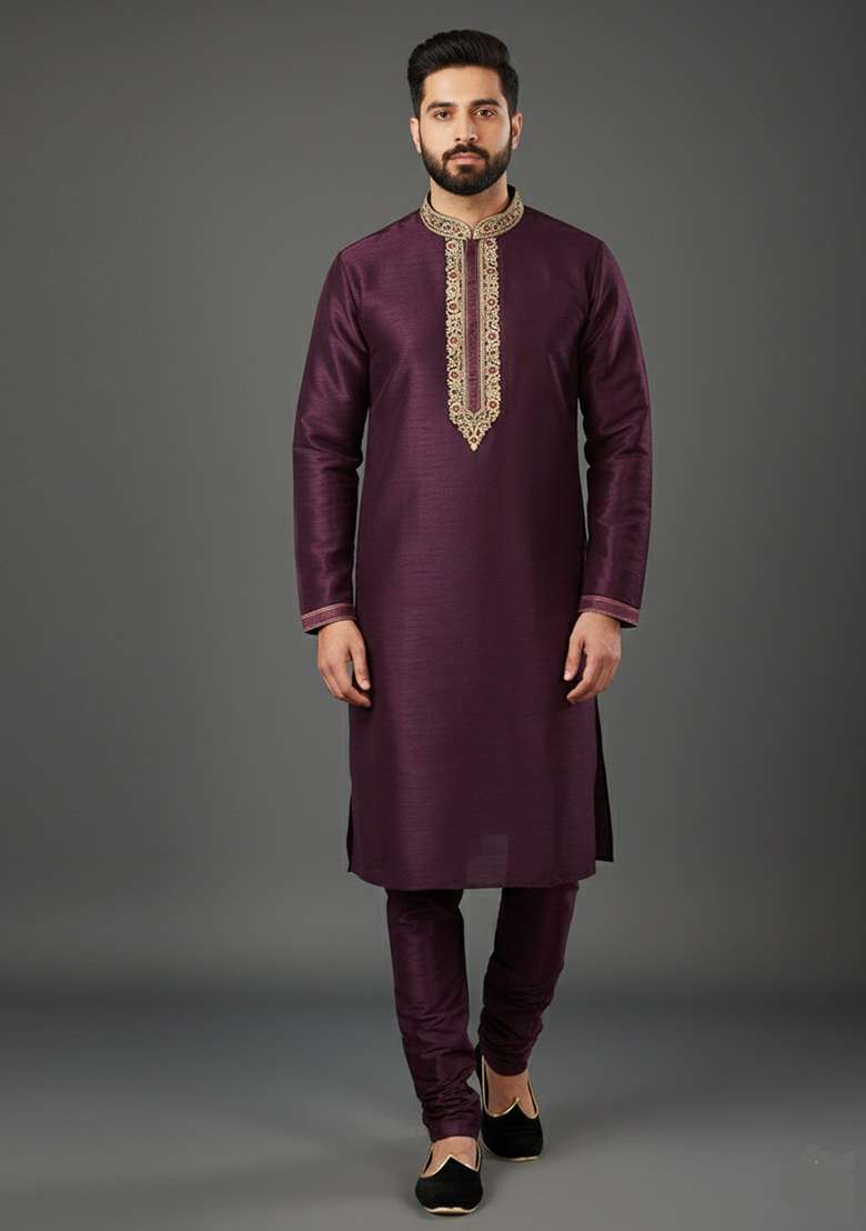 Purple Embroidery Dupion Silk Kurta Set For Men - Indya
