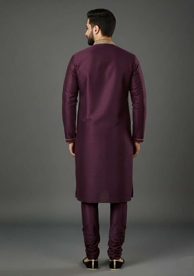Purple Embroidery Dupion Silk Kurta Set For Men - Indya