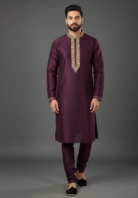 Purple Embroidery Dupion Silk Kurta Set For Men