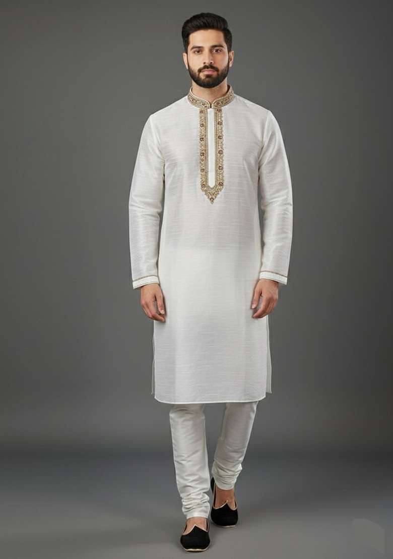 White Embroidery Dupion Silk Blend Kurta Set For Men - Indya