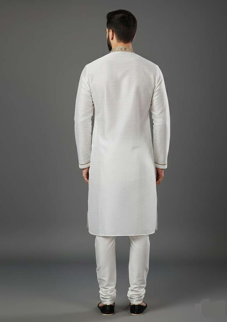 White Embroidery Dupion Silk Blend Kurta Set For Men - Indya