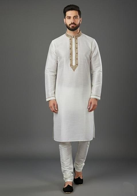 White Embroidery Dupion Silk Kurta Set For Men