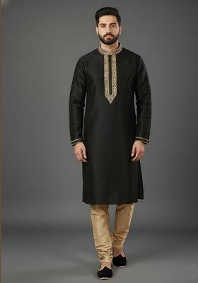 Black Embroidery Dupion Silk Kurta Set For Men