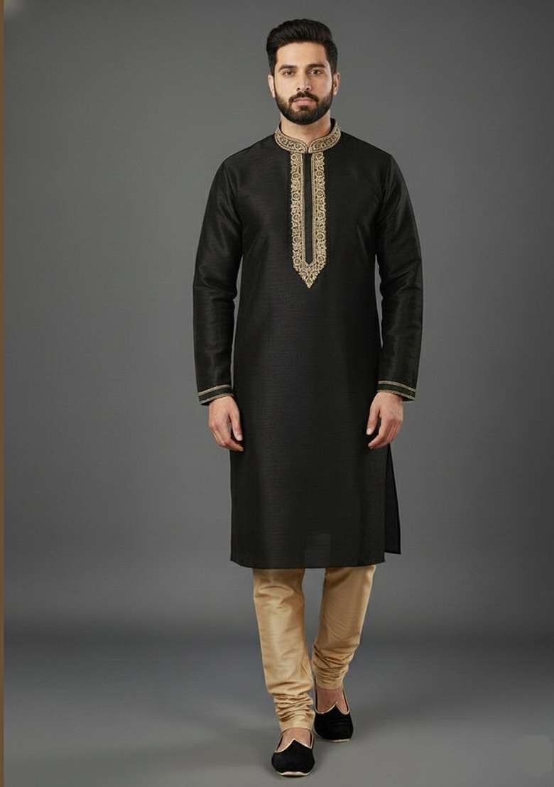 Black Embroidery Dupion Silk Blend Kurta Set For Men - Indya