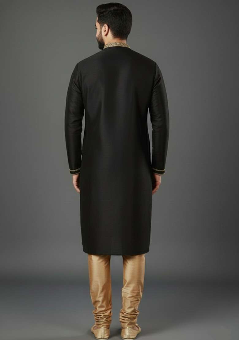 Black Embroidery Dupion Silk Blend Kurta Set For Men - Indya