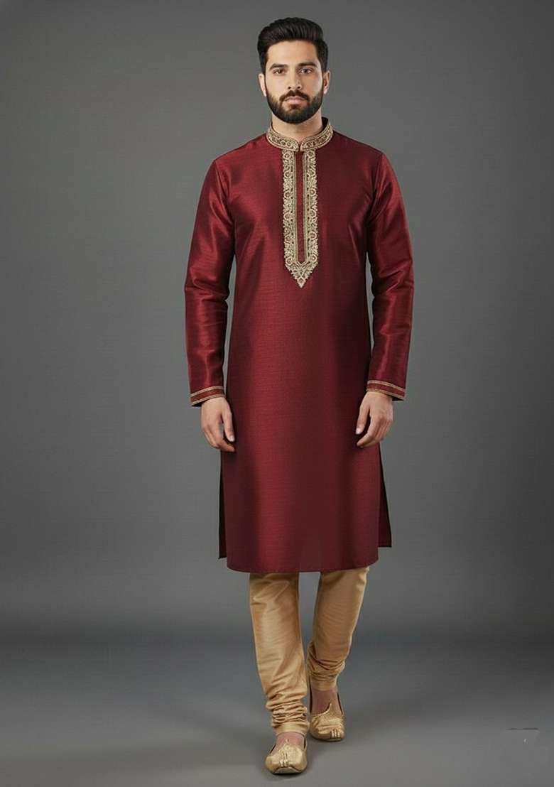 Maroon Embroidery Dupion Silk Blend Kurta Set For Men - Indya