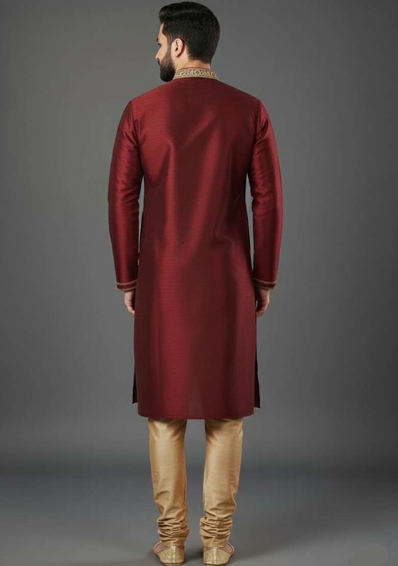 Maroon Embroidery Dupion Silk Blend Kurta Set For Men - Indya