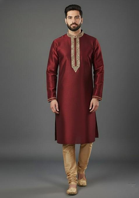 Maroon Embroidery Dupion Silk Kurta Set For Men