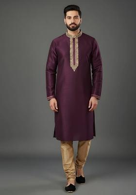 Purple Embroidery Dupion Silk Kurta Set For Men