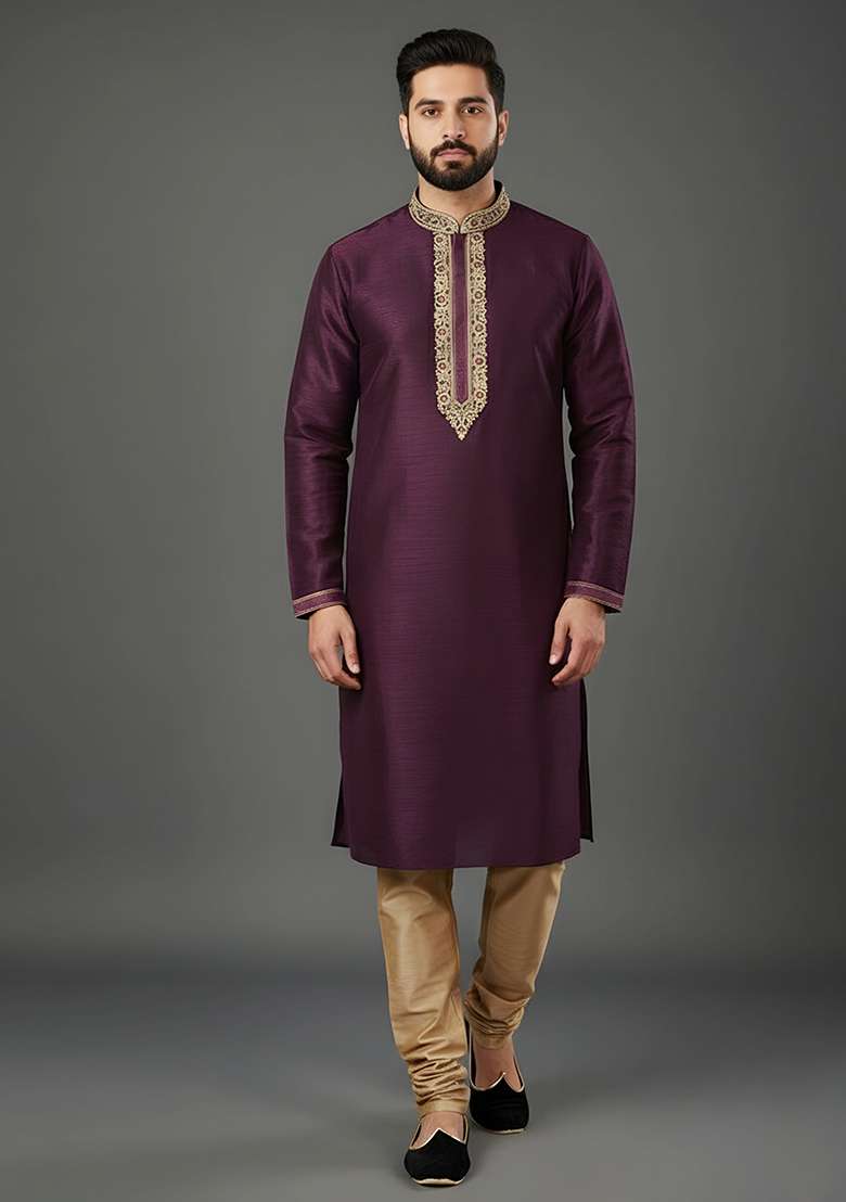 Purple Embroidery Dupion Silk Kurta Set For Men - Indya