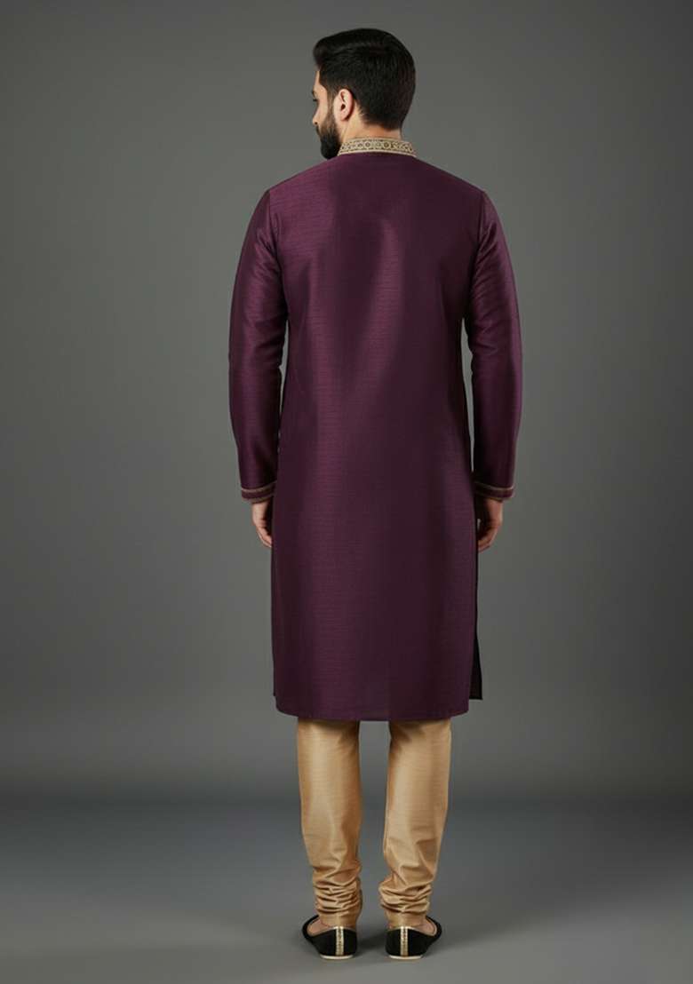 Purple Embroidery Dupion Silk Kurta Set For Men - Indya