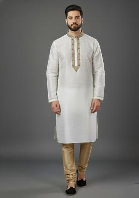 White Embroidery Dupion Silk Kurta Set For Men