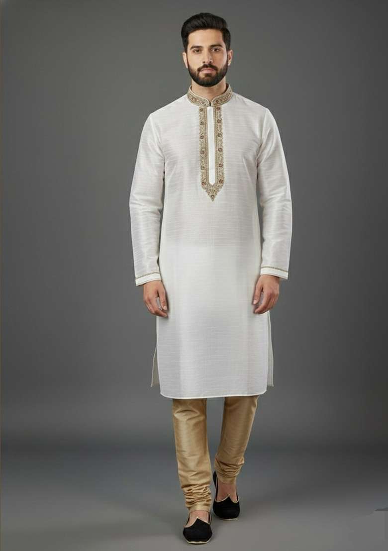 White Embroidery Dupion Silk Blend Kurta Set For Men - Indya