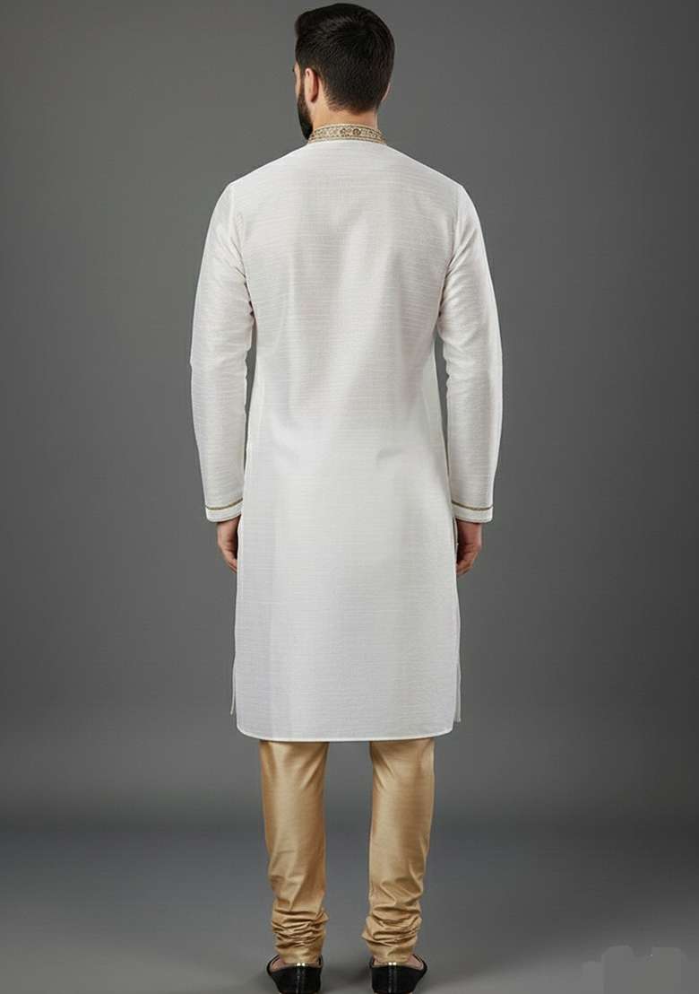 White Embroidery Dupion Silk Blend Kurta Set For Men - Indya