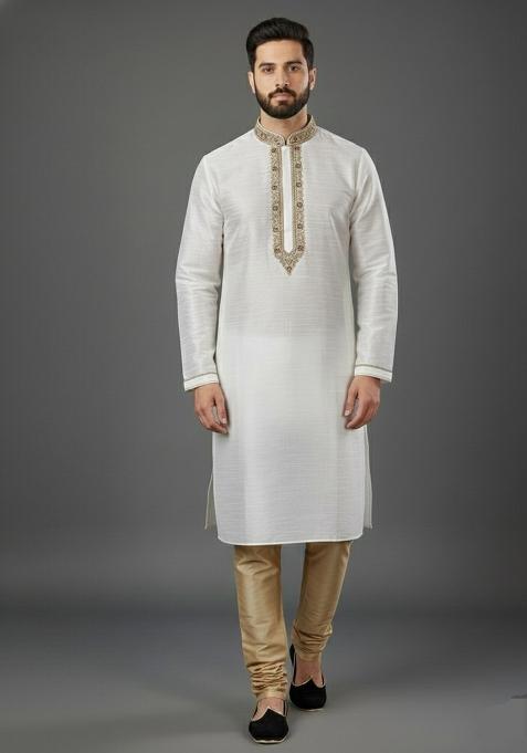 White Embroidery Dupion Silk Kurta Set For Men
