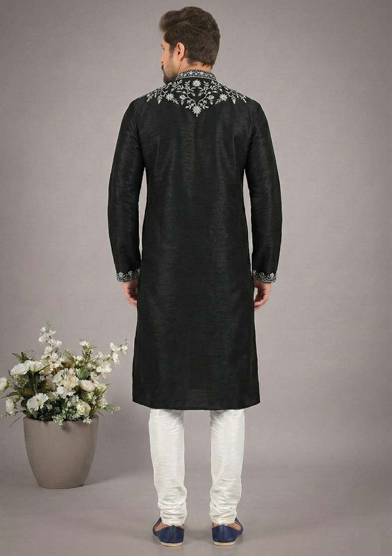 Black Embroidery Dupion Silk Blend Kurta Set For Men - Indya