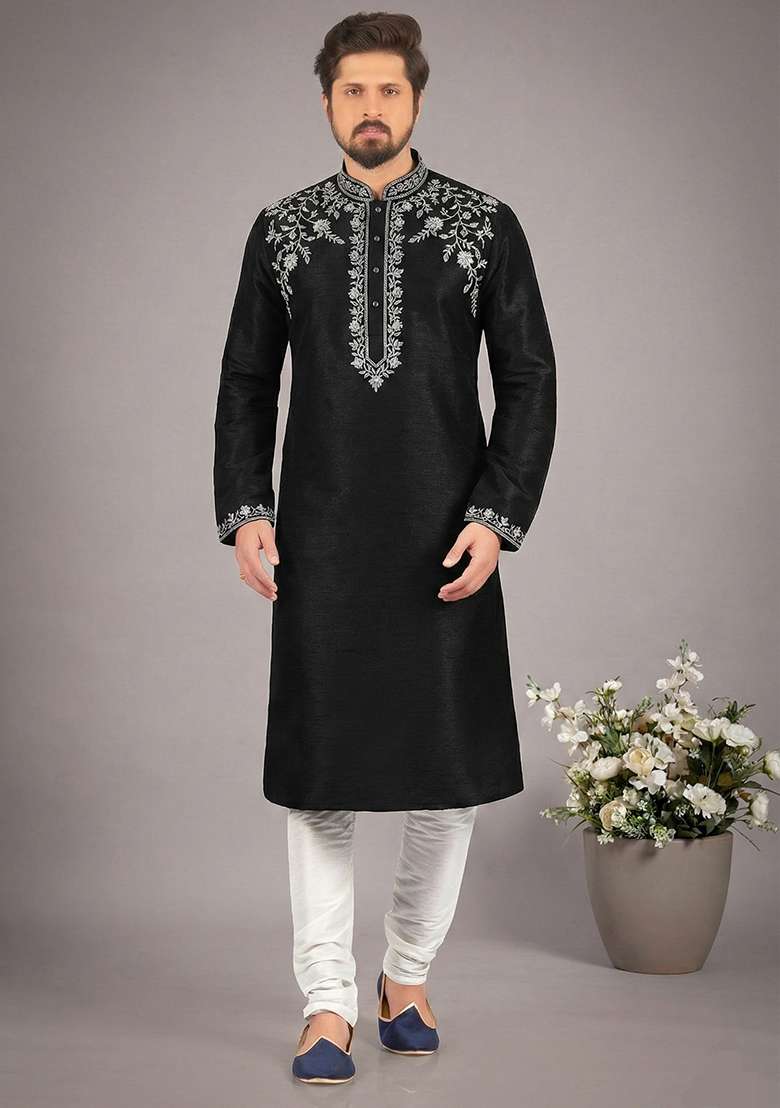 Black Embroidery Dupion Silk Blend Kurta Set For Men - Indya