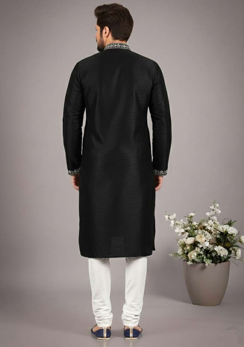 Black Embroidery Dupion Silk Blend Kurta Set For Men - Indya