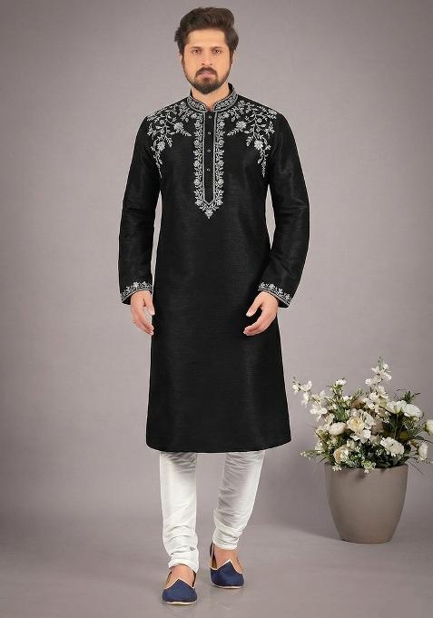 Black Embroidery Dupion Silk Kurta Set For Men