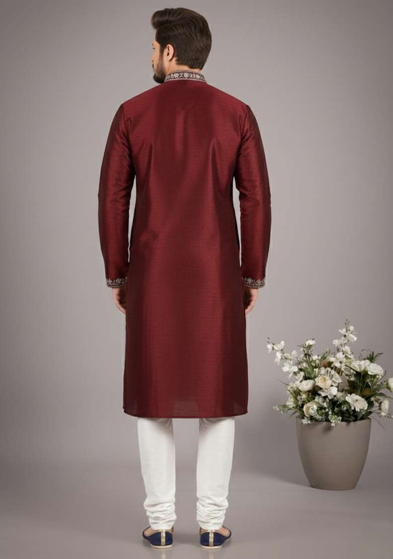 Maroon Embroidery Dupion Silk Blend Kurta Set For Men - Indya