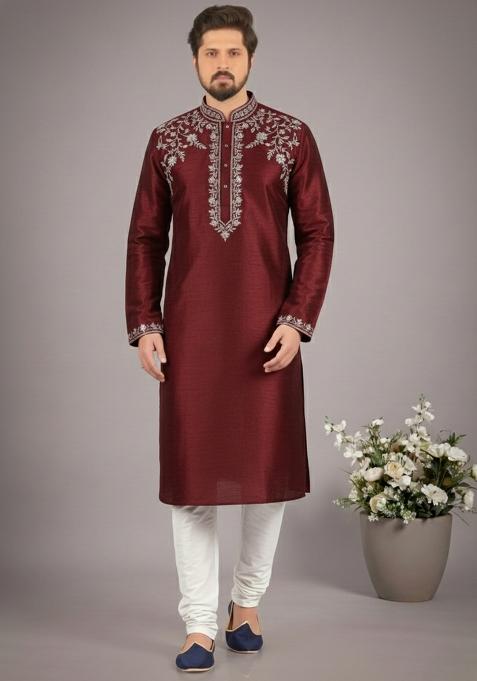 Maroon Embroidery Dupion Silk Kurta Set For Men