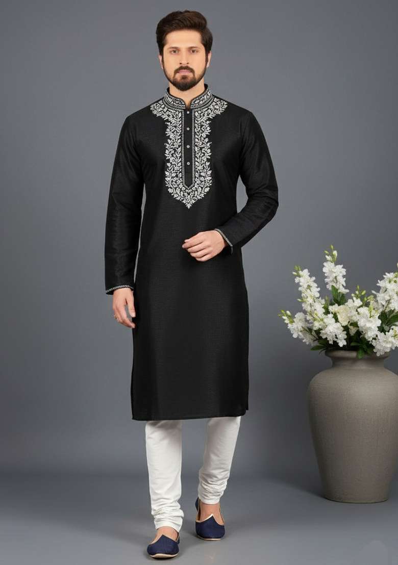 Black Embroidery Dupion Silk Blend Kurta Set For Men - Indya