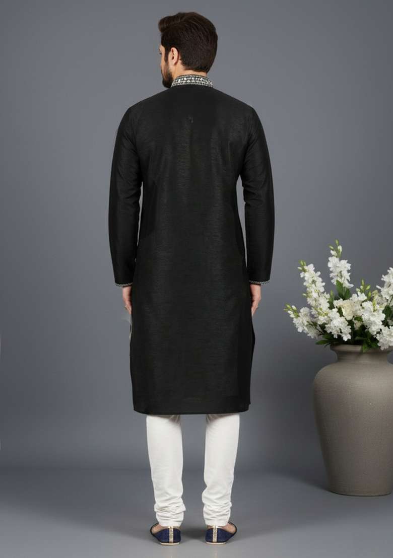 Black Embroidery Dupion Silk Blend Kurta Set For Men - Indya