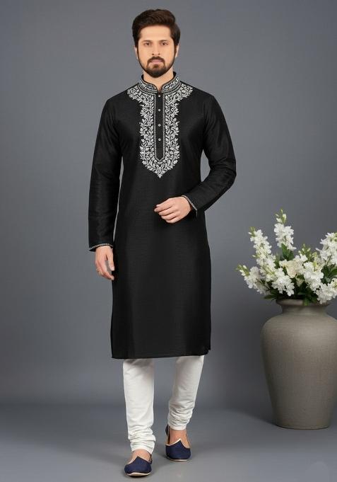 Black Embroidery Dupion Silk Kurta Set For Men