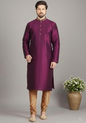 Magenta Embroidery Dupion Silk Kurta Set For Men