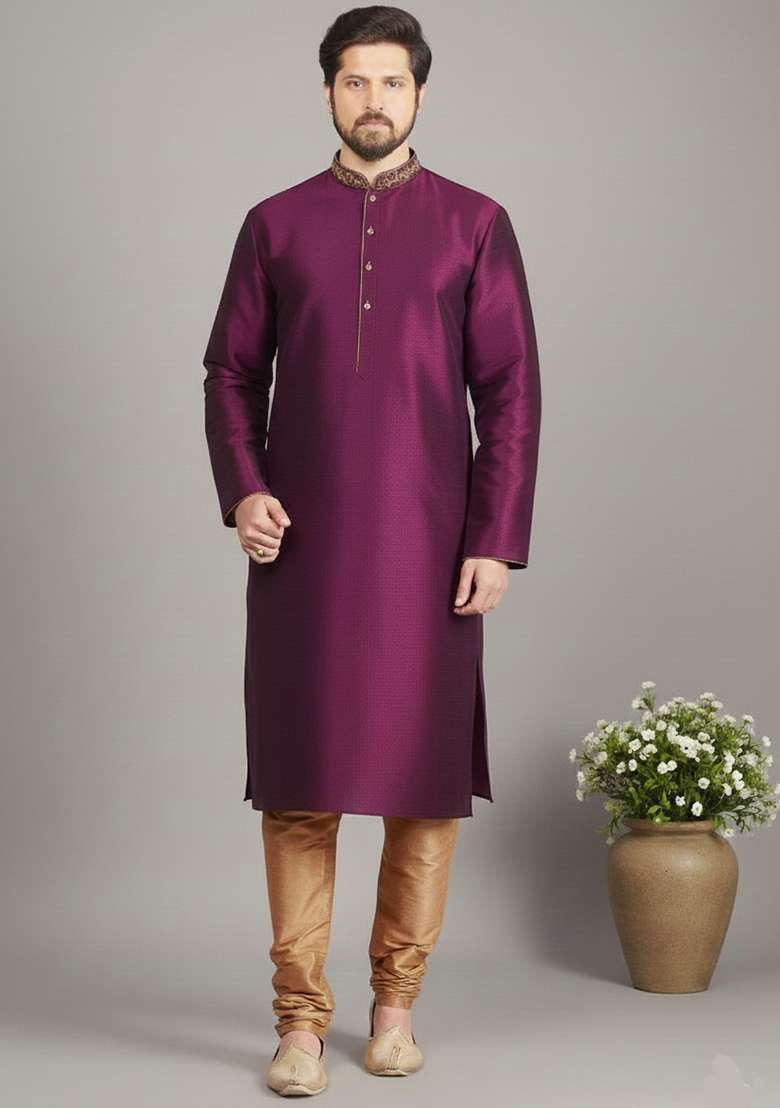 Magenta Embroidery Dupion Silk Blend Kurta Set For Men - Indya