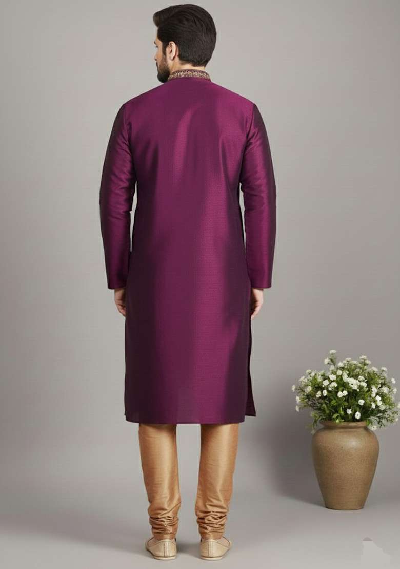 Magenta Embroidery Dupion Silk Blend Kurta Set For Men - Indya