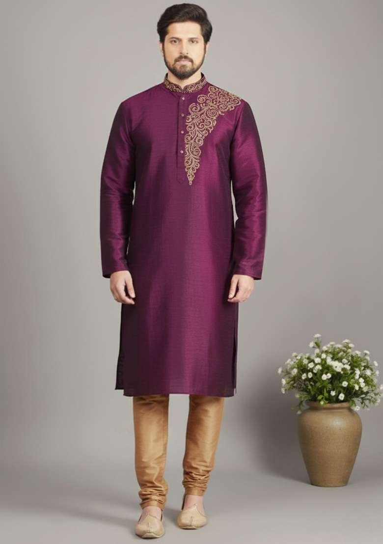 Magenta Embroidery Dupion Silk Blend Kurta Set For Men - Indya