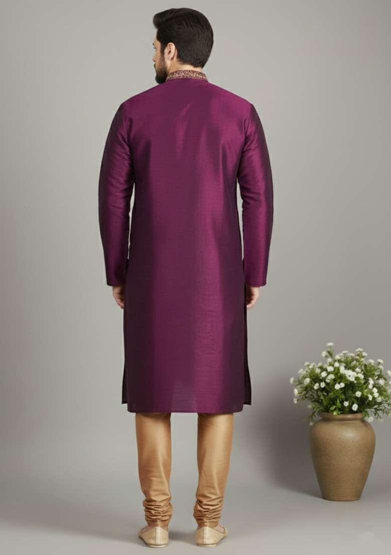 Magenta Embroidery Dupion Silk Blend Kurta Set For Men - Indya